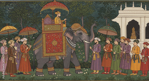 Indian mughal emperor riding decorated elephant with courtiers in procession