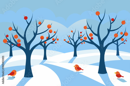 snow covered orchard at dawn with cardinals perche