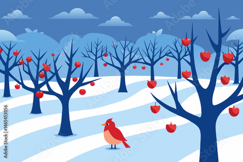 snow covered orchard at dawn with cardinals perche.svg