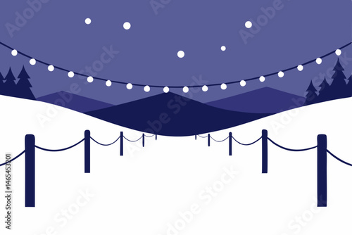 snow covered vineyard with string lights winding 