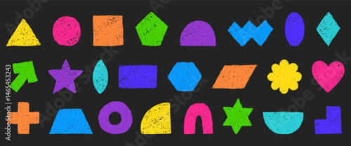 Color pencil texture figure collection. Geometric shapes hand drawn with crayon. Colored pencil or charcoal textured figures. Vector illustrations isolated on a black background