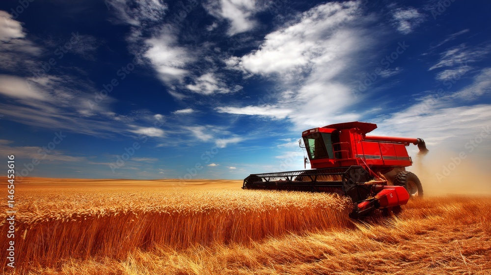 Fototapeta premium Red combine harvester working in a golden wheat field under a blue sky
