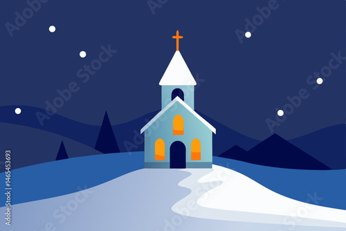 snowy hilltop chapel with candlelight beaming from 