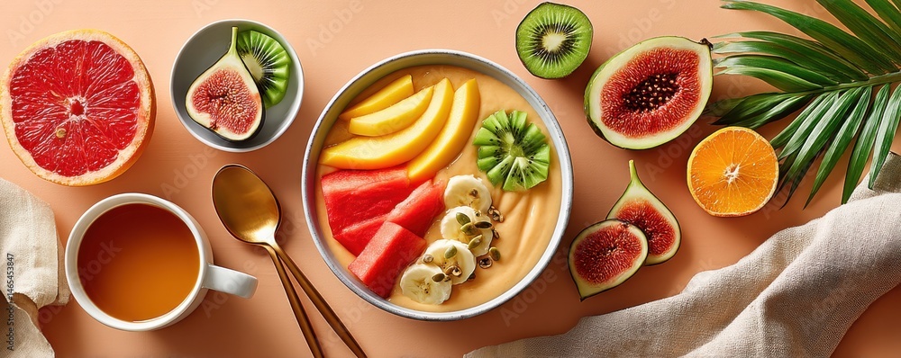 Colorful smoothie bowl surrounded by fresh sliced fruits and green leaves Colorful smoothie bowl surrounded by fresh sliced fruits and green leaves