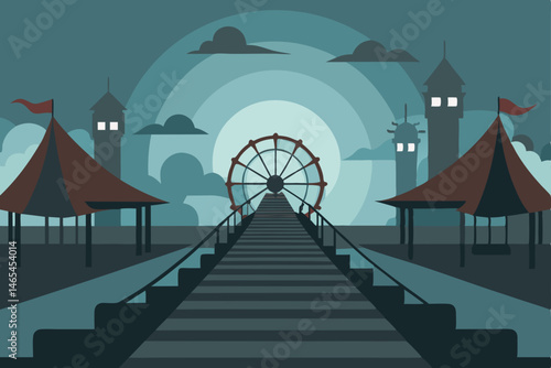 spooky boardwalk with abandoned carnival booths  