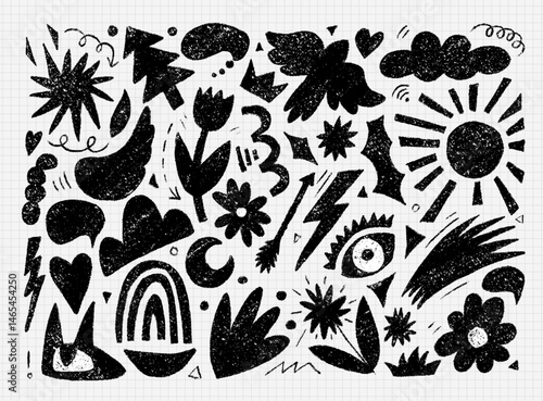 Funky abstract kid design objects hand drawn with charcoal. Doodle modern organic drawings. Silhouettes of bird, sun, flower, fir tree, cloud. Black vector decorative objects isolated on white.