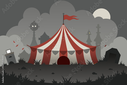 torn circus tent in a misty field with creepy clow