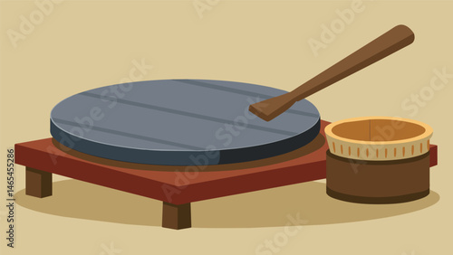 A large wooden comal a flat griddle used for cooking tortillas sits next to a stone metate a grinding tool used to make corn dough.. Vector illustration