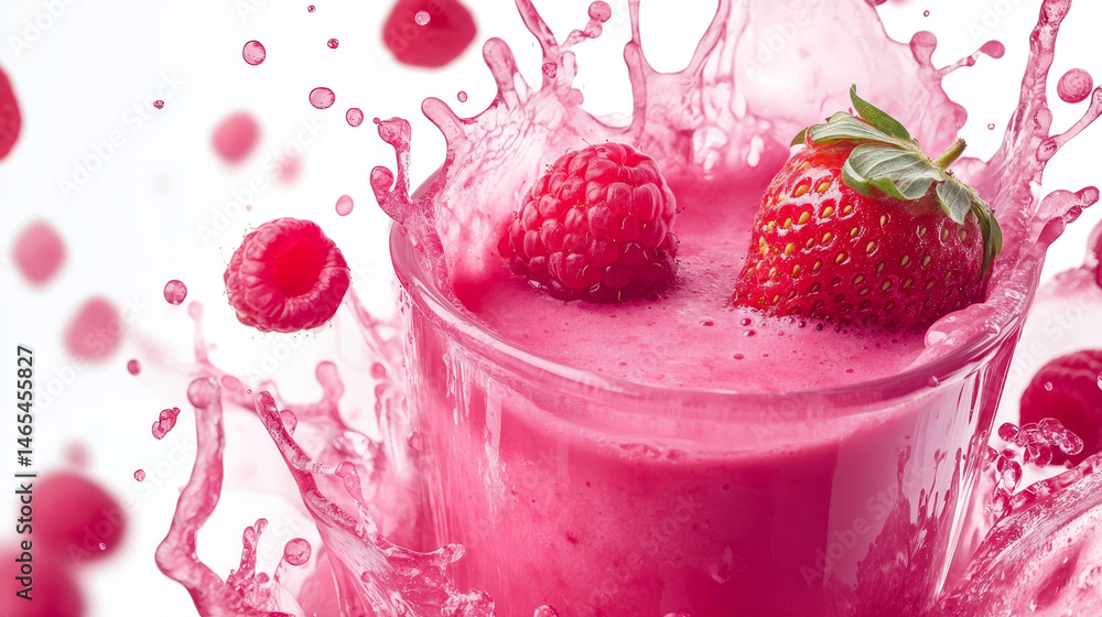 Pink strawberry juice splash captured in motion, blended with watermelon and raspberry elements in a dynamic white background photo