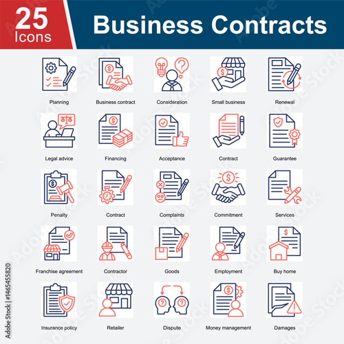 Business Contract is a collection of icons that represent various elements of business agreements, including contract terms, legal advice, financing, dispute resolution, penalties.