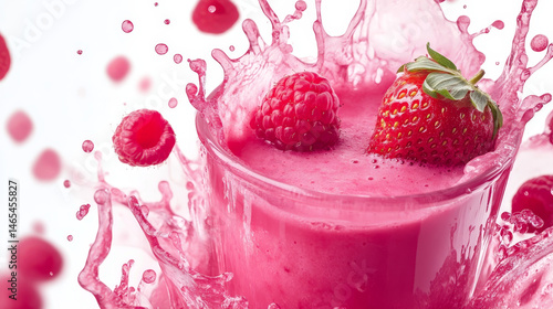 Obraz na płótnie Pink strawberry juice splash captured in motion, blended with watermelon and raspberry elements in a dynamic white background photo w salonie