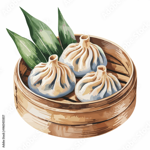 Watercolor Xiao Long Bao Dumplings in Bamboo Steamer