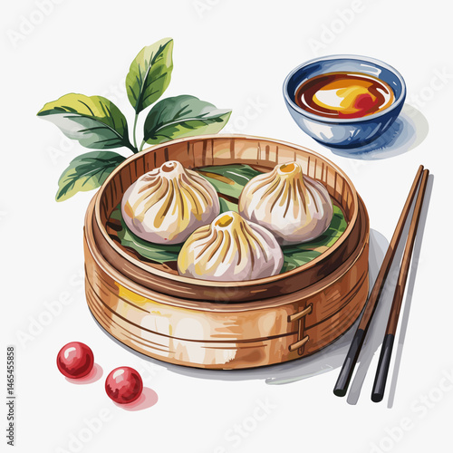 Watercolor Xiao Long Bao Dumplings in Bamboo Steamer