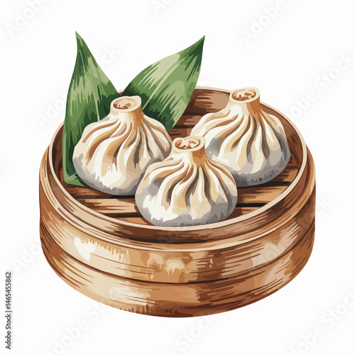 Watercolor Xiao Long Bao Dumplings in Bamboo Steamer