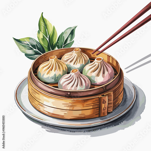 Watercolor Xiao Long Bao Dumplings in Bamboo Steamer