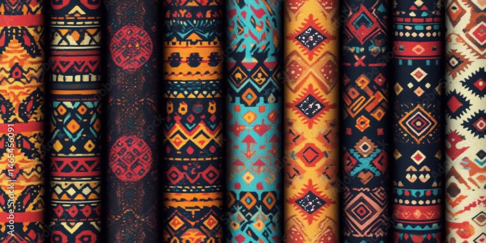 Colorful geometric patterned fabrics display with rich textures and traditional designs Colorful geometric patterned fabrics display with rich textures and traditional designs