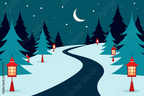winding forest path lined with snow dusted evergre