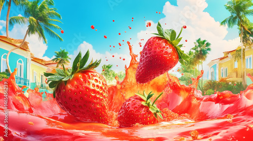 Obraz na płótnie Realistic depiction of strawberry juice splashing, evoking a tropical summer feel with vibrant liquid motion w salonie