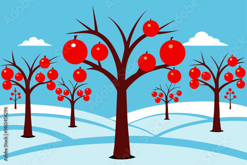 winter orchard of bare apple trees with red orname