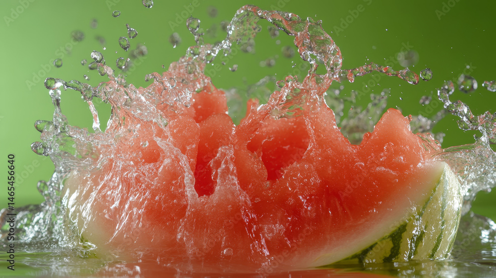 Sliced watermelon being splashed with water against a vibrant green background