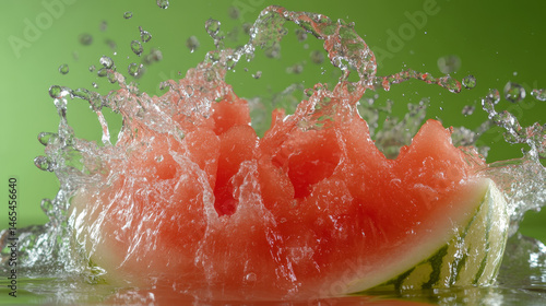 Obraz na płótnie Sliced watermelon being splashed with water against a vibrant green background w salonie