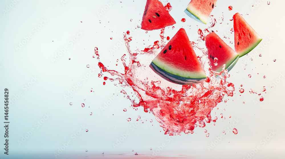 Sliced watermelon dropping into a splash of juice, isolated on a clean white background