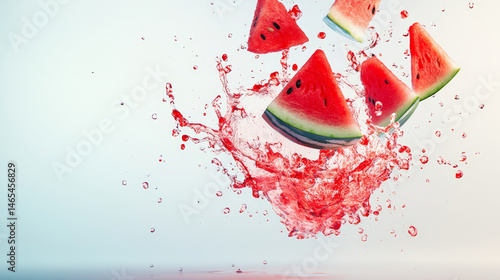 Obraz na płótnie Sliced watermelon dropping into a splash of juice, isolated on a clean white background w salonie