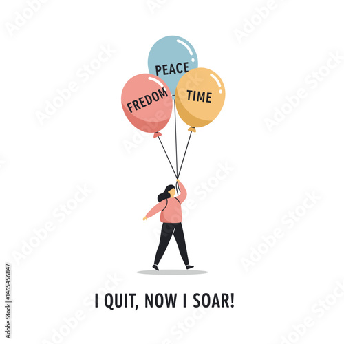 Person celebrating freedom with colorful balloons on white background  