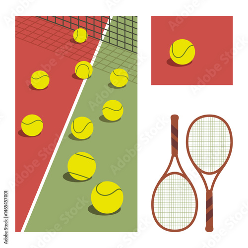 Colorful flat vector illustration of tennis court with yellow balls, two rackets. Simple sport concept for posters, ads, web design, educational materials, social media related to sports activities.