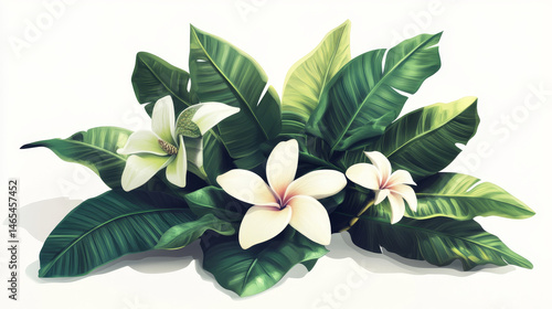 Stylized vector set of tropical jungle plants including banana, monstera, philodendron, and plumeria leaves, all isolated on white