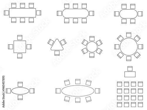layout of seat plans, cafe, restaurant, classroom, dining room, customizable stroke, vector, illustration