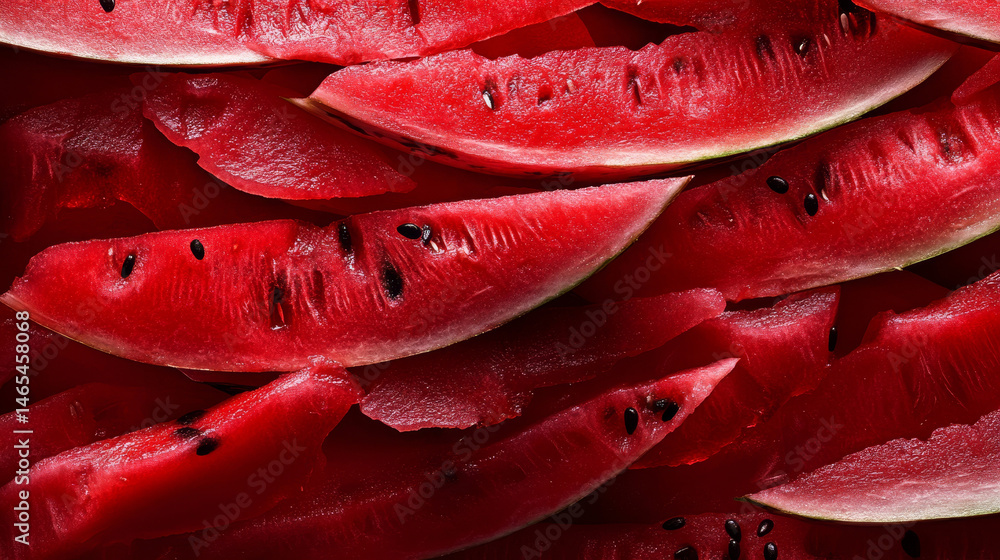 Top-down view showcasing multiple layers of freshly sliced red watermelon wedges with seeds