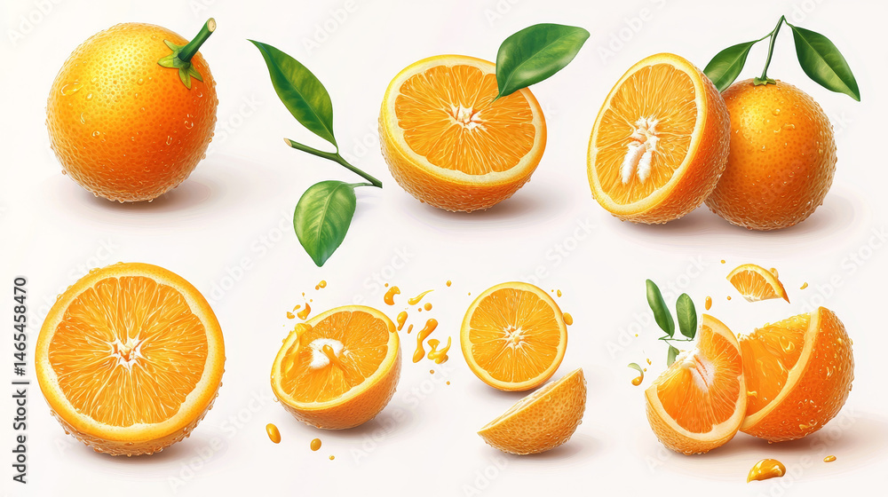 Variety pack of whole and sliced oranges with juicy splashes in a 3D realistic illustration, all on a white background