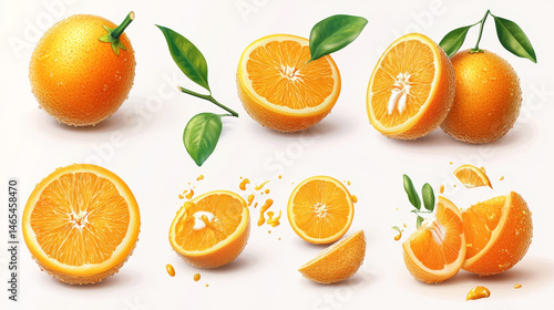 Obraz na płótnie Variety pack of whole and sliced oranges with juicy splashes in a 3D realistic illustration, all on a white background w salonie