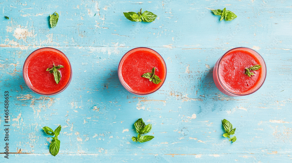 Vibrant and chilled watermelon smoothies in glasses set against a light blue wooden surface, leaving space for text