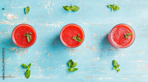 Obraz na płótnie Vibrant and chilled watermelon smoothies in glasses set against a light blue wooden surface, leaving space for text w salonie