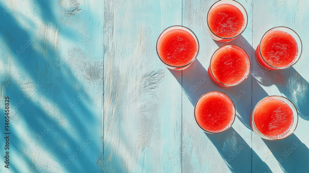 Vibrant and chilled watermelon smoothies in glasses set against a light blue wooden surface, leaving space for text
