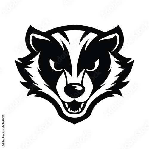 Vector illustration of a fierce badger head in black and white design ideal for sports logos and branding.