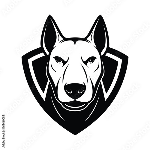 Vector illustration of a strong black and white dog head logo featuring a shield badge design element.