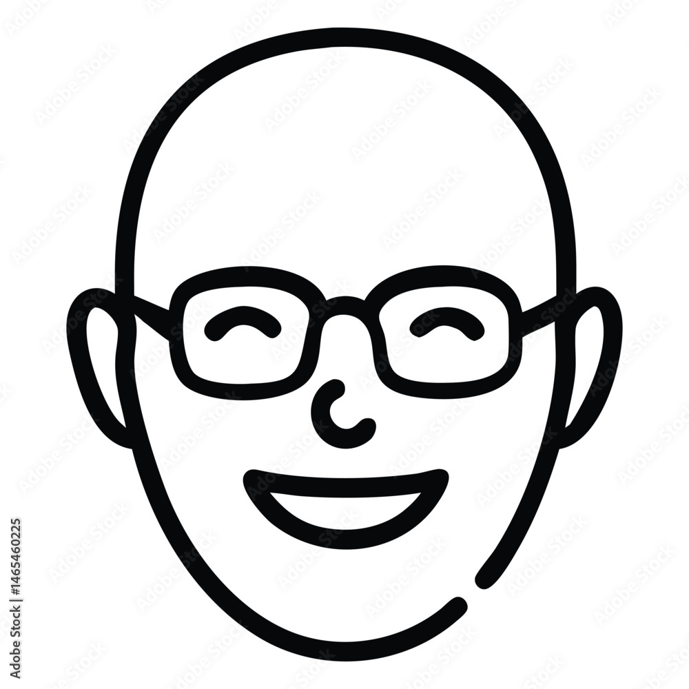 Line drawing shows bald male wearing glasses and smiling at the viewer cheerfully Line drawing shows bald male wearing glasses and smiling at the viewer cheerfully