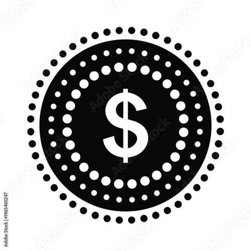Simple black and white illustration of a dollar sign inside a coin featuring dotted border for financial themes