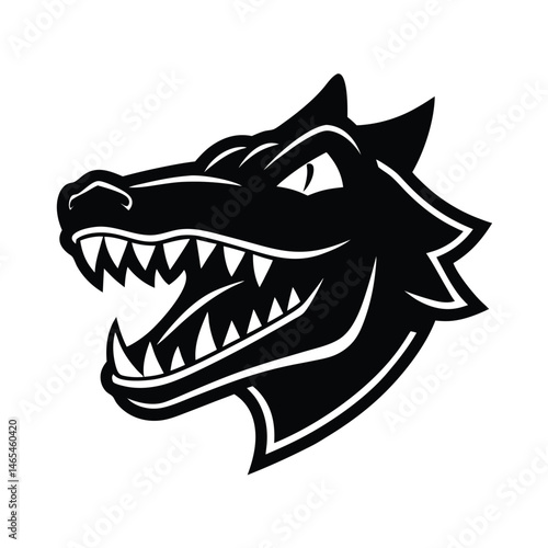 Fierce dragon head silhouette in black and white showing a threatening grin for logos and graphic design projects