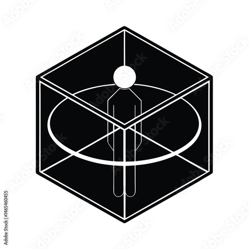 Conceptual illustration of a person inside a 3d geometric cube representing confinement and limitations with a black and white design
