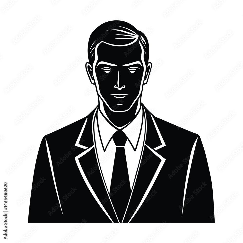 Professional black and white illustration of a business man wearing a suit and tie posing on a clean white background Professional black and white illustration of a business man wearing a suit and tie posing on a clean white background