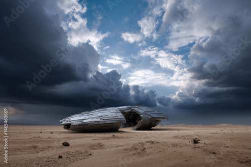 Fototapeta Naklejka Na Ścianę i Meble -  Futuristic spacecraft rests on barren desert landscape under dramatic stormy sky