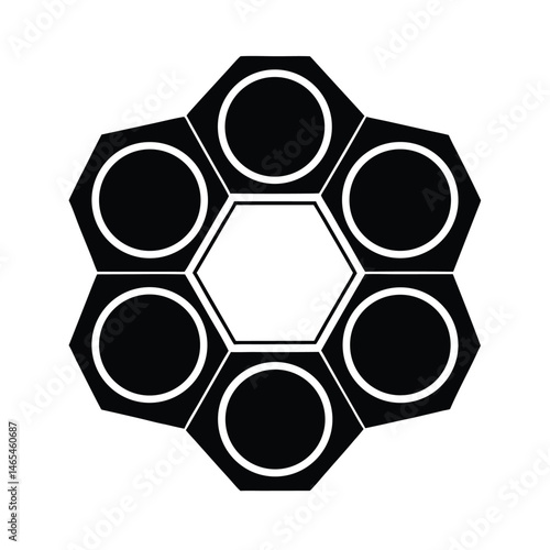 Geometric black and white pattern featuring a hexagon central shape surrounded by other shapes with circular elements