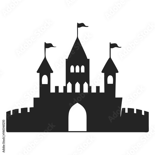 Majestic castle silhouette displays formidable walls, towers, and flags, representing strength and defense