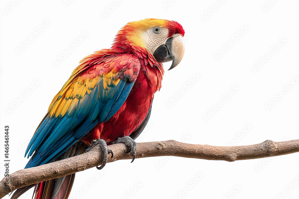 Obraz premium Vibrant macaw perched on a branch in a bright setting with vivid plumage showcasing brilliant colors
