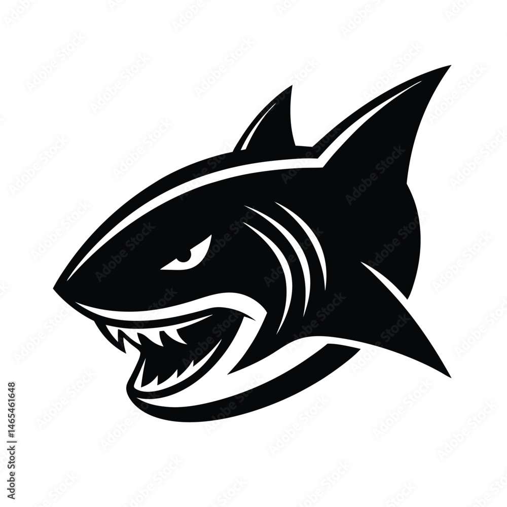 A menacing black and white illustration of a great white shark with its jaws open and sharp teeth showing. A menacing black and white illustration of a great white shark with its jaws open and sharp teeth showing.