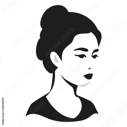 Minimalist art showcases a stylish Asian woman with her hair up and simple features